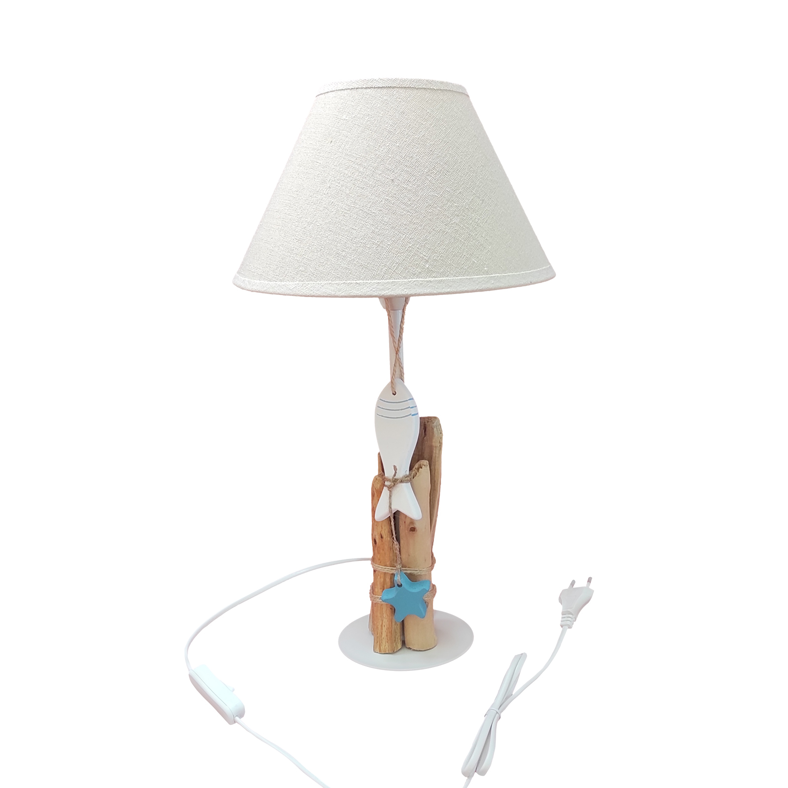 Lampe Bois Flotté 03 1 lampe-bois-flotte-poisson-blanc-etoile-de-mer-bleue-artisanal