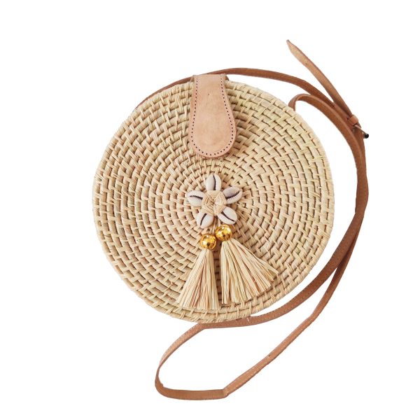 Sac Cabas Artisanal Madagascar - Fibre & Raphia, Motif Floral, Anses Cuir - Neuf Sans étiquette